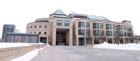 Mississauga Centre Library Panorama: 4 landscape shots taken at 1/10 sec., F8, +0.3EV and ISO 80; Combined in Photoshop Elements (File size: 2.7 MB)