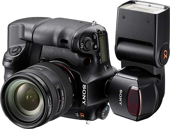 Sony SLT-A77 with optional Vertical Grip and optional HVL-F43AM Flash