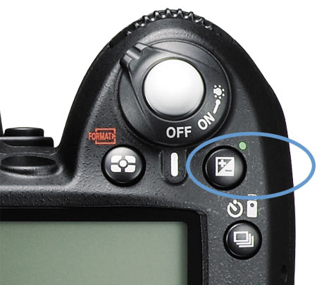 Exposure Compensation button on a DSLR is usually on top behind the Shutter Release button
